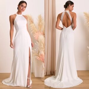 Lulus Radiant Adoration White Satin Lace Backless Halter Maxi Dress S Wedding